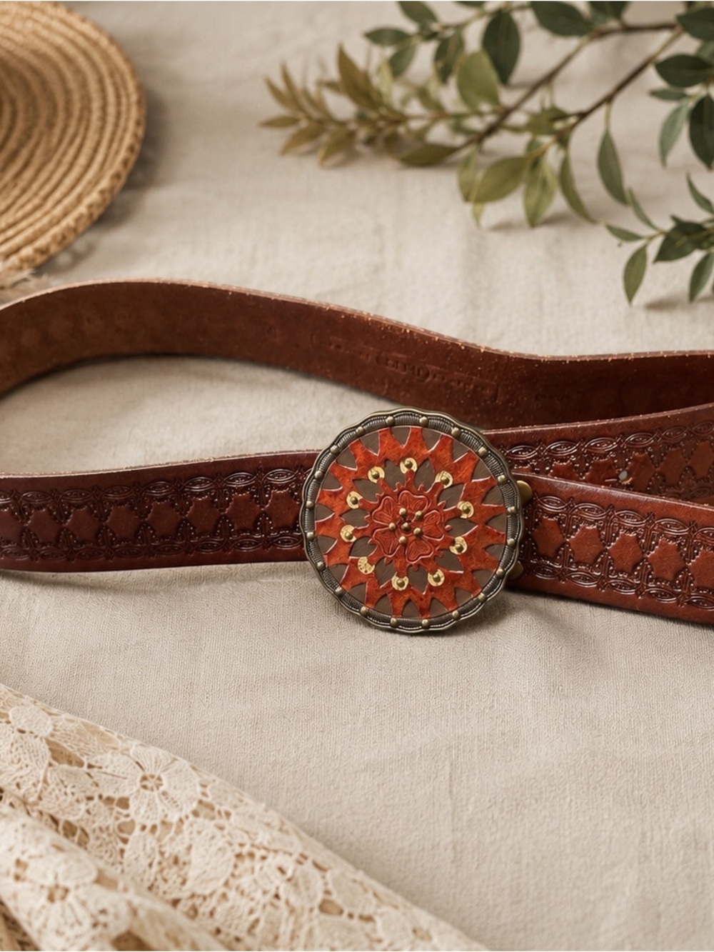 Fossil Genuine Leather Tooled Concho Belt Brown Western Boho Floral Medallion - Picture 2 of 8